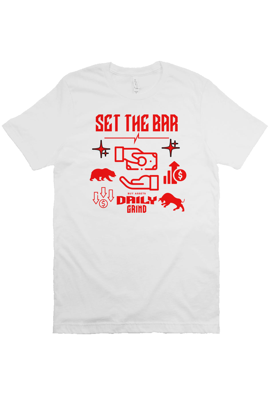 Set The Bar T shirt (Daily Grind Bull and Bear Market) White and Red