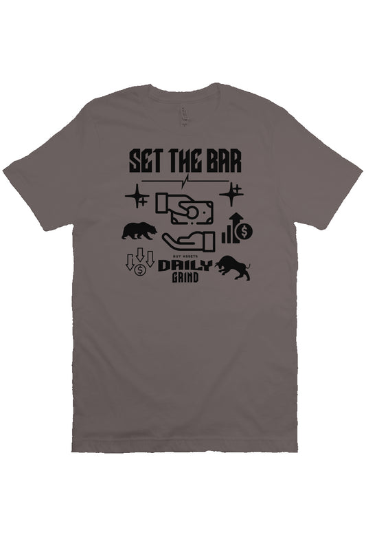 Set The Bar T shirt (Daily Grind Bull and Bear Market) Asphalt and Black